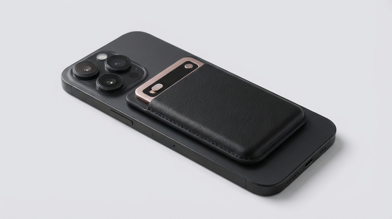 A sleek, modern AI voice recorder, the UMEVO Note Plus, magnetically attached to the back of a smartphone, symbolizing the seamless integration of technology in a professional setting.