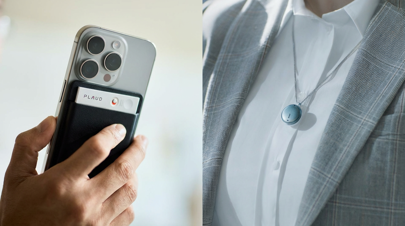 Plaud Note attached to an iPhone via MagSafe on the left, and the Omi AI pendant worn as a necklace on the right