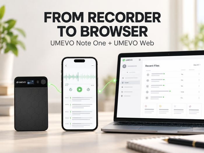 From Recorder to Browser: UMEVO Note One, the UMEVO App, and UMEVO Web in a cross-device recording and notes workflow.