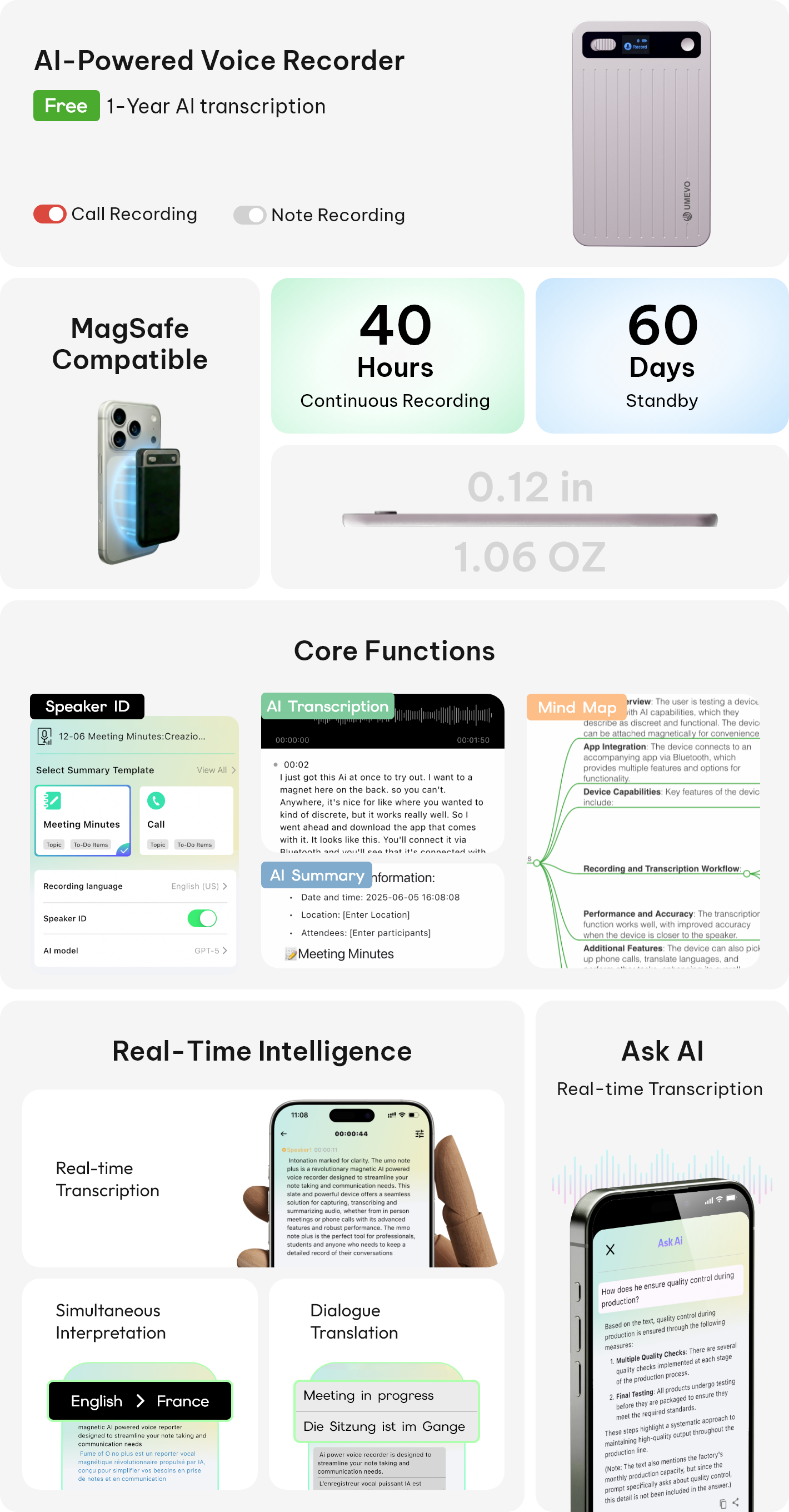 UMEVO AI Voice Recorder Features