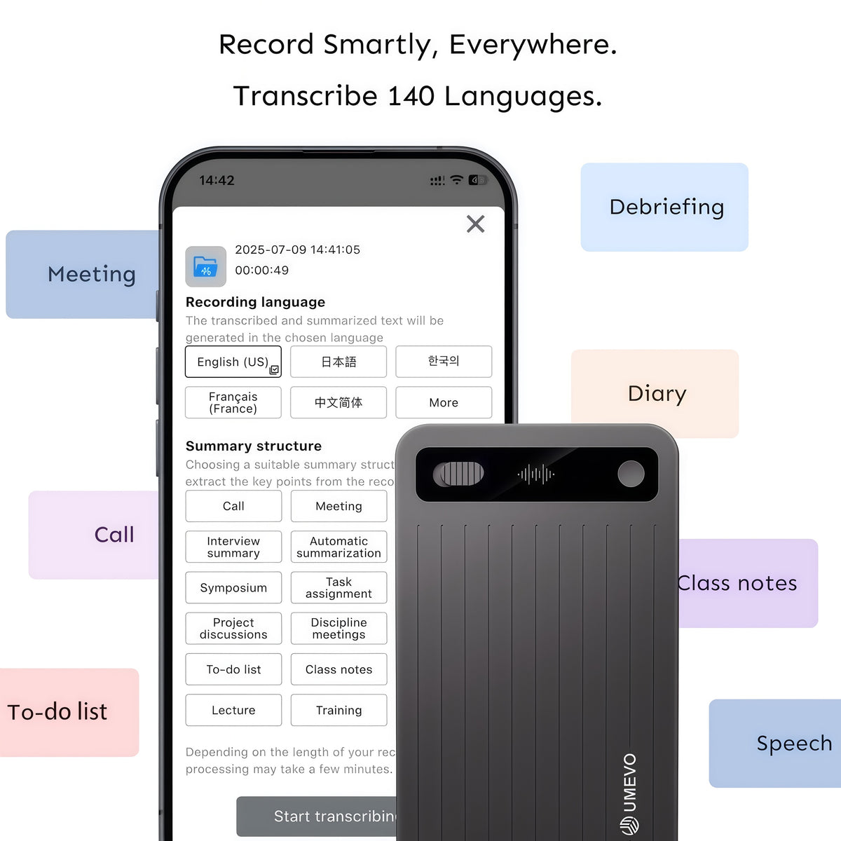 UMEVO Note Plus beside AI DVR Link language and summary-structure selections