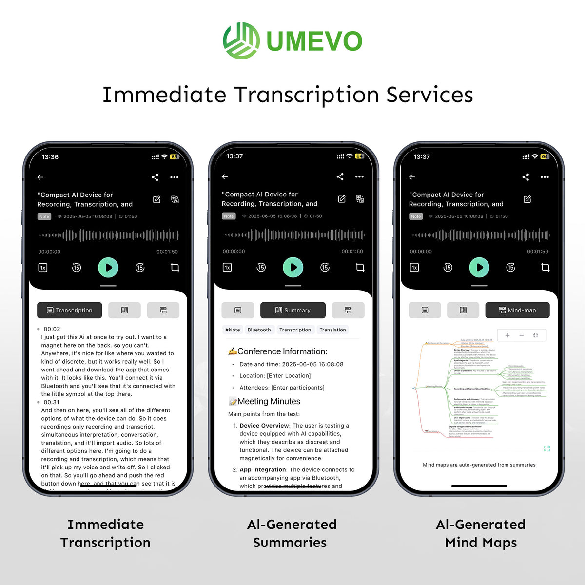 AI DVR Link examples of a transcript, structured summary, and mind map from a recording
