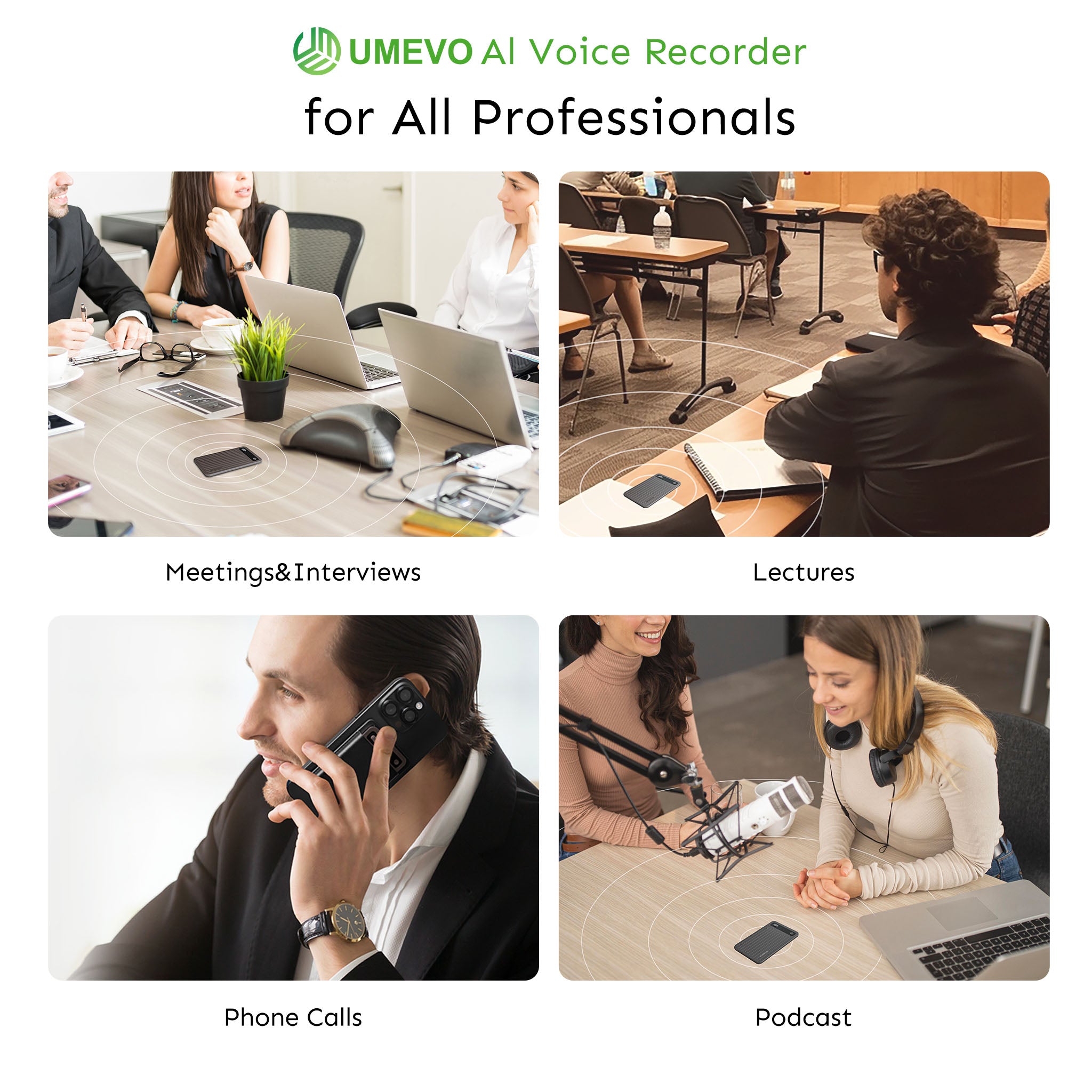UMEVO Note Plus shown in meetings, lectures, phone calls, and podcast recording settings